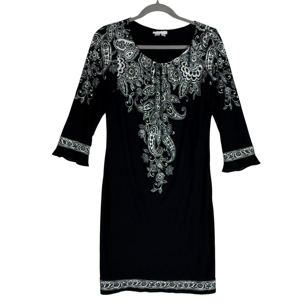 London Times Dress Womens 8 Black Paisley Shift 3/4 Bell Sleeve Knee Length